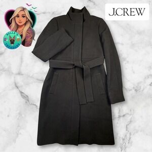 J Crew Women's 0 Double Cloth Belted Long Dress Coat Black Italian Wool Peacoat